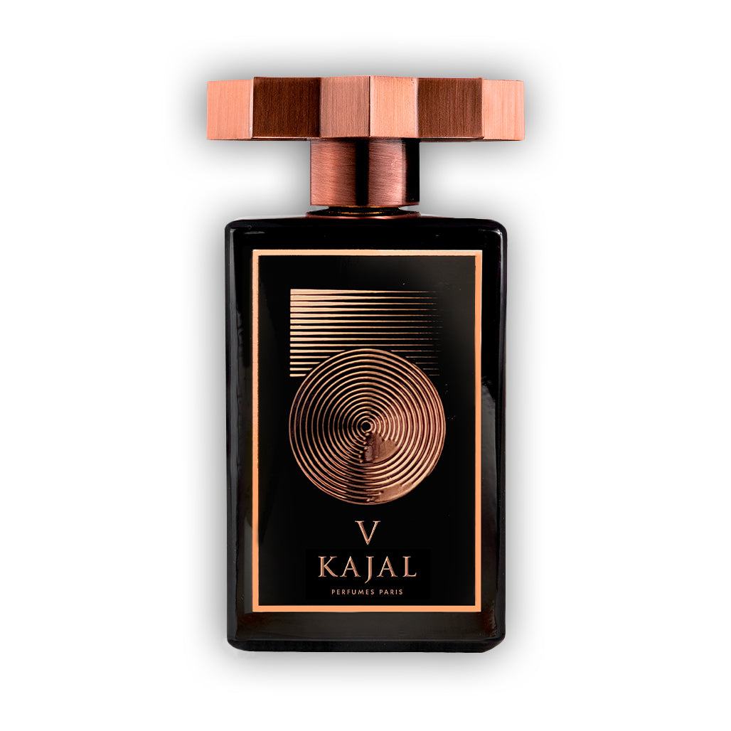 A bottle of Kajal V by Perfumes Paris, featuring a black rectangular glass bottle with a metallic copper cap and a matching copper and black label, set against a plain white background.